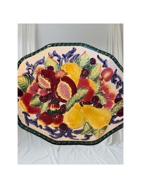 Fitz and Floyd Ceramic Fruit Harvest Platter Hand-Painted Embossed Serving Tray